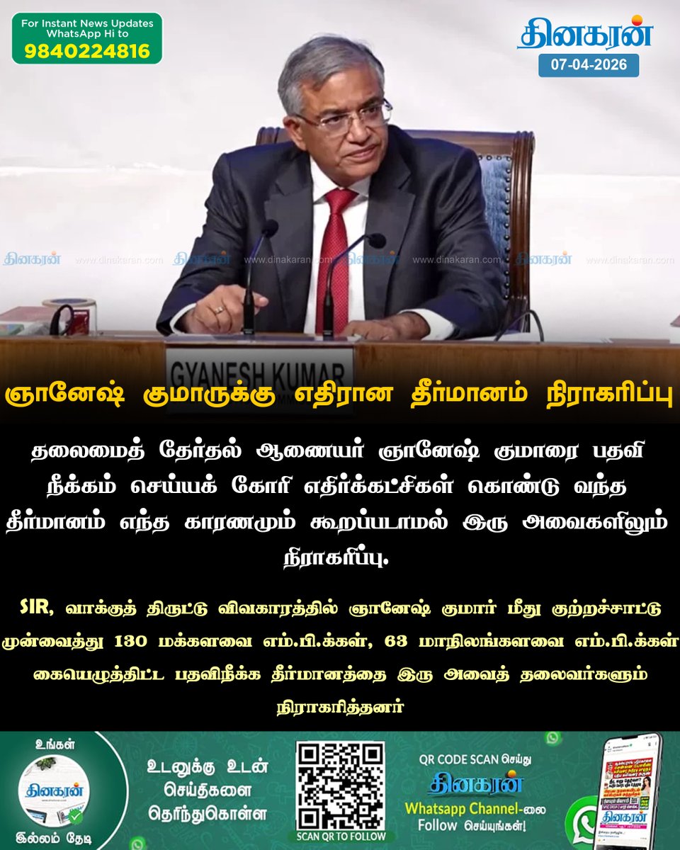 DinakaranNews's tweet photo. தலைமைத் தேர்தல் ஆணையர் ஞானேஷ் குமாருக்கு எதிரான தீர்மானம் நிராகரிப்பு
#DinakaranNews | #GnaneshKumar | #ParliamentSession https://t.co/J2mHqHWJc3