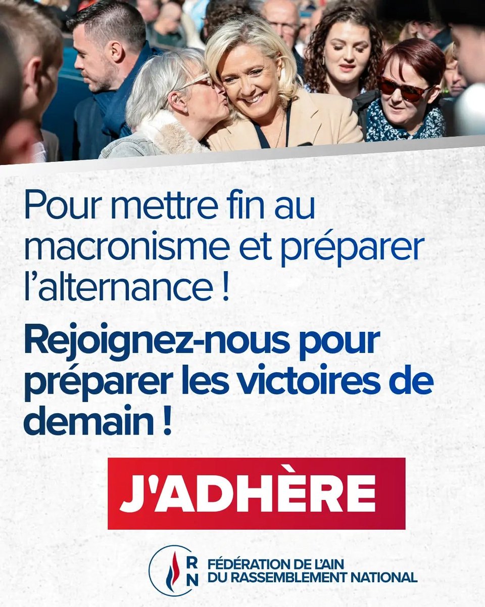 🔴 Dès maintenant rejoignez-nous pour préparer l’alternance !

En 2027, nous tournerons définitivement la page du macronisme, les victoires de demain se construisent dès aujourd'hui !

▶️ Rejoignez-nous : adhesions.rassemblementnational.fr