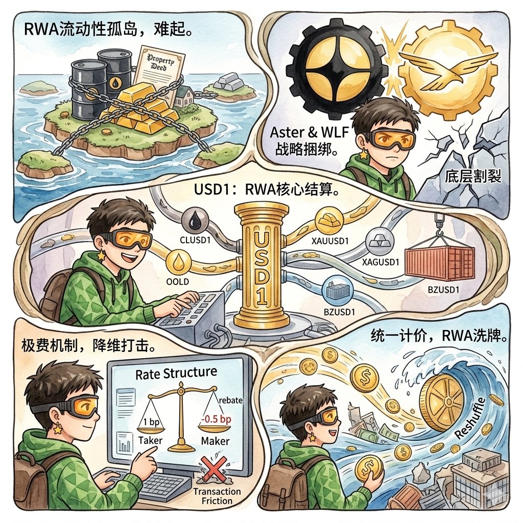Li888Real's tweet photo. 传统资产上链搞了这么多年，一直被流动性孤岛困得死死的，规模始终起不来。

Aster @Aster_DEX 这次和World Liberty Financial @worldlibertyfi 的战略捆绑，直接戳破了底层割裂这个最大痛点。
双方正加速把代币生态深度缝合起来，这是不是预示着RWA赛道要迎来洗牌的时刻？

____🦅____🦅____🦅____🦅____🦅____🦅____

『 价值锚定：USD1重塑底层结算范式 』 
 
 $USD1 已正式确立其作为 Aster生态 RWA基础结算层的绝对核心地位。
大宗商品及多元现实市场正加速向链上迁徙，首批上线的资产池已涵盖「CLUSD1」、「XAUUSD1」、「XAGUSD1」以及「BZUSD1」。

统一计价体系的构建，极大提升了跨市场资本的流转效率，为后续更庞大的现实资产注入铺平了道路。

____🦅____🦅____🦅____🦅____🦅____🦅____

『 降维打击：极限费率重构做市博弈 』  

伴随底层架构的重构，市场的交易摩擦成本被极致压缩。Aster针对 $USD1 交易对启动了极具侵略性的费率机制，吃单方仅收取1个基点，而挂单方则享受负0.5个基点的补贴返还，该费率结构亦会随市场演进进行动态修正。

这种结构性的让利策略，从根本上优化了微观交易环境，赋予了早期参与者显著的资金优势。

____🦅____🦅____🦅____🦅____🦅____🦅____