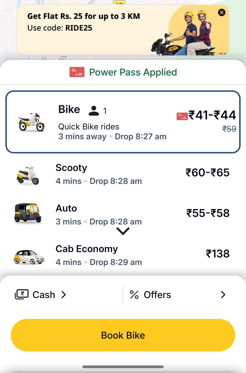 PiratedDosa's tweet photo. @rapidobikeapp POWERPASS SCAM
Spot the difference: Both pictures show the same pick-up and drop-off locations and the same fare. However, one has "Power Pass applied," adding approximately ₹100 to the cost. 
Refund my power pass money scamsters https://t.co/Knt9wTMbvc