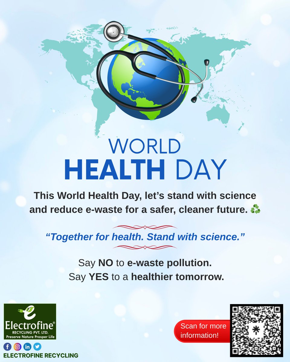 E_Recycling_'s tweet photo. Through sustainable e-waste management, Electrofine Recycling Pvt Ltd is committed to reducing environmental hazards and protecting public health.

✨ Together for health. Stand with science.

#WorldHealthDay #EWasteRecycling #EWasteAwareness #RecycleResponsibly #ScienceForHealth https://t.co/hGgUWIipF1
