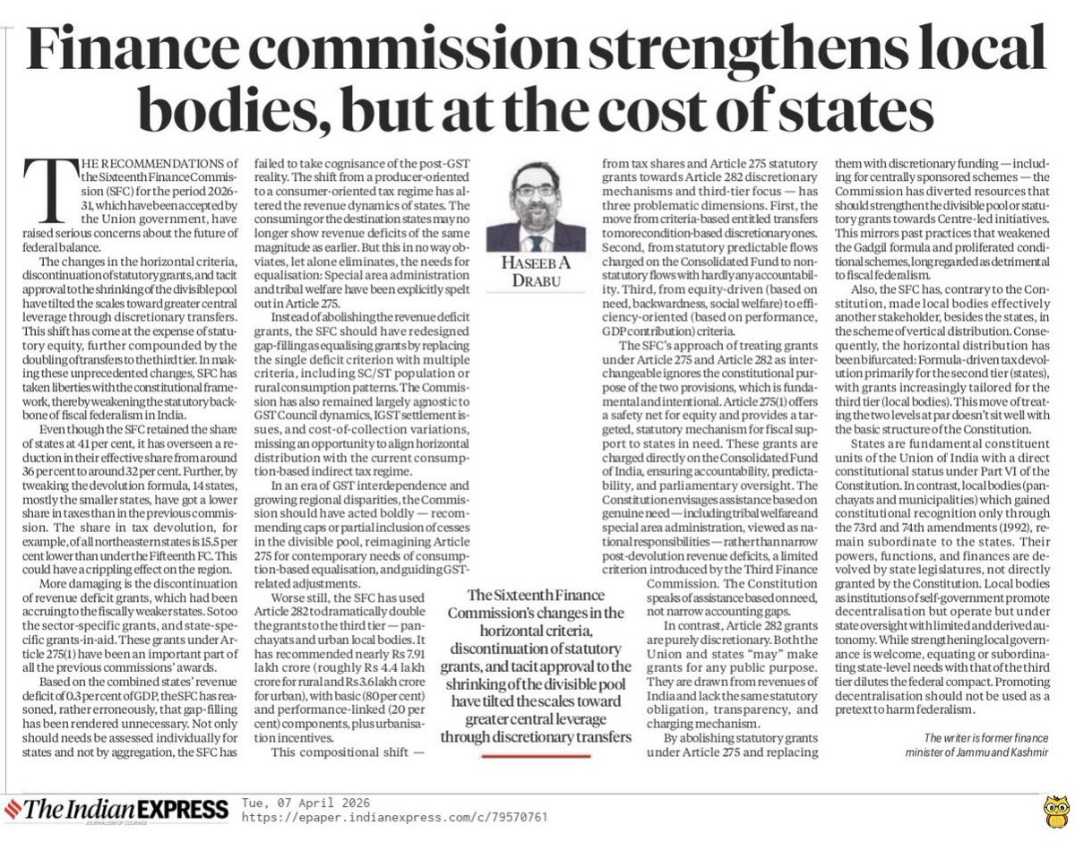 Sixteenth Finance Commission has taken liberties with the constitutional framework and spirit of federalism. Decentralisation is being used to cannibalise fiscal federalism.  indianexpress.com/article/opinio…
