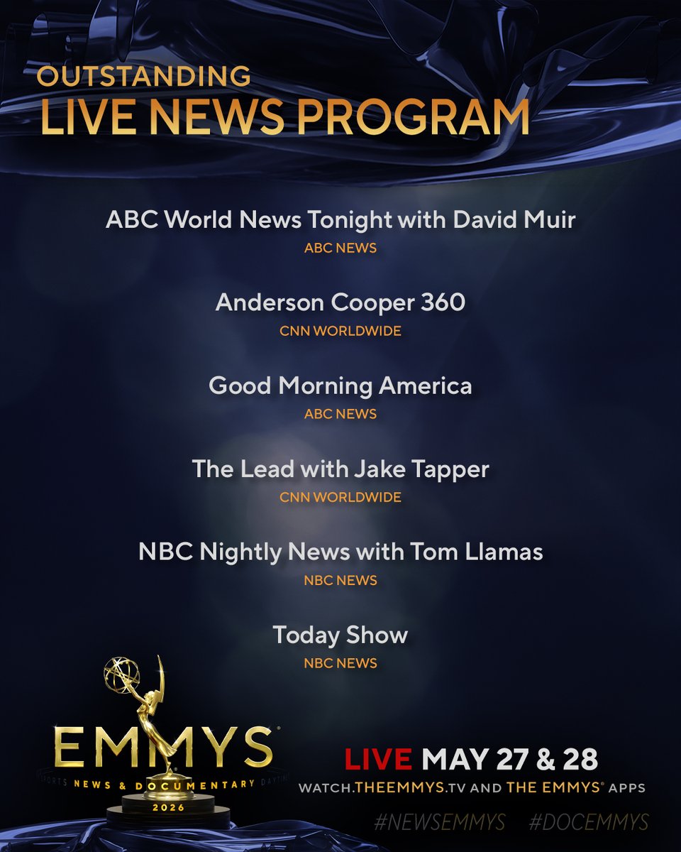 The #NewsEmmys Nominees for Live News Program are: - @ABCWorldNews with ...
