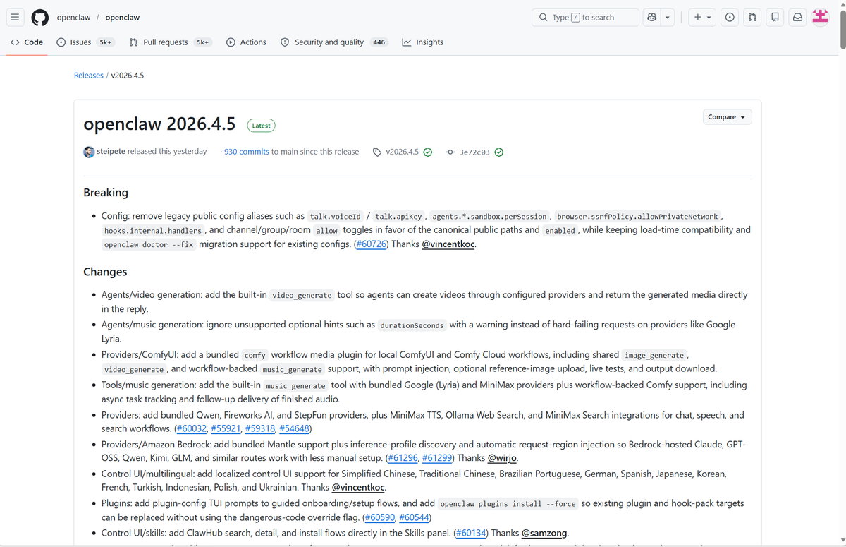 sitinme's tweet photo. OpenClaw 2026.4.5 发布，挑几个有意思的聊聊。

首先是 Agent 现在能直接生成视频和音乐了，不用装插件，对话里就能出结果。视频那边接了 Veo、Wan 和 Kling，音乐接了 Google Lyria 和 MiniMax，还支持 ComfyUI 自定义 workflow。等于把多媒体生成直接塞进了工作流里。

最让我觉得有意思的是"Dreaming"这个功能。简单说就是记忆系统学会了做梦——模仿人类睡眠的记忆巩固机制，分浅睡、深睡、REM 三个阶段，自动把短期记忆里真正有价值的内容筛出来，写进长期记忆。不是什么都记，而是通过六个维度打分，够格了才留下。这个思路挺巧的，AI 的上下文终于不是越用越乱了。

另外一个大变化是默认后端从 Claude CLI 换成了 GPT-5.4。老用户不受影响，但新用户 onboarding 直接走 GPT-5.4 了。还针对 GPT-5 爱"光说不做"的问题加了自动重试，实用。

Prompt cache 这次也做了不少优化，主要是让缓存命中更稳定，还加了诊断命令能看到缓存为什么断了，对省 token 省钱有帮助。

其他零碎的：新增了 Qwen、Fireworks AI 这些 provider，UI 和文档支持了 12 种语言包括中文，还修了一堆安全漏洞。