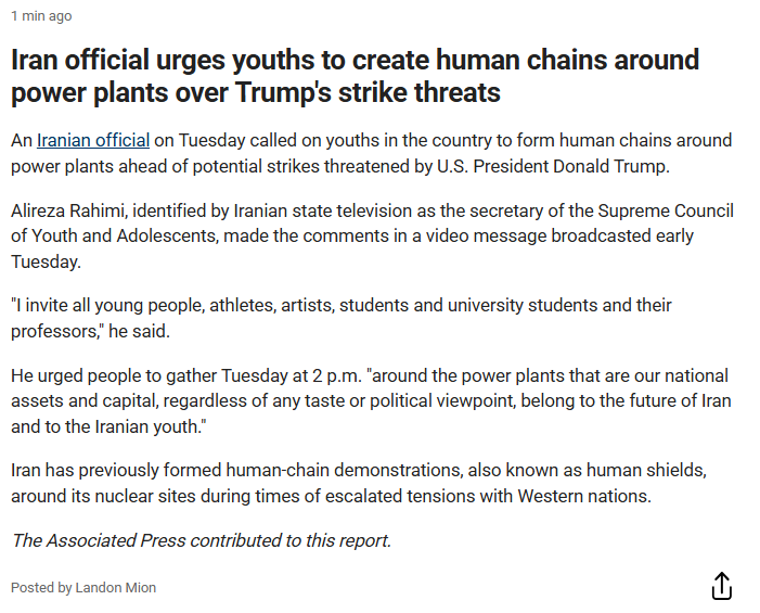 Look what these sick bastards are doing now in IRAN. They are literally asking their children to form chains around their power plants so we do not bomb them. What a bunch of demons we are dealing with here. SHEESH. #IranWar‌ #IranMassacre‌ #IranHumanRights