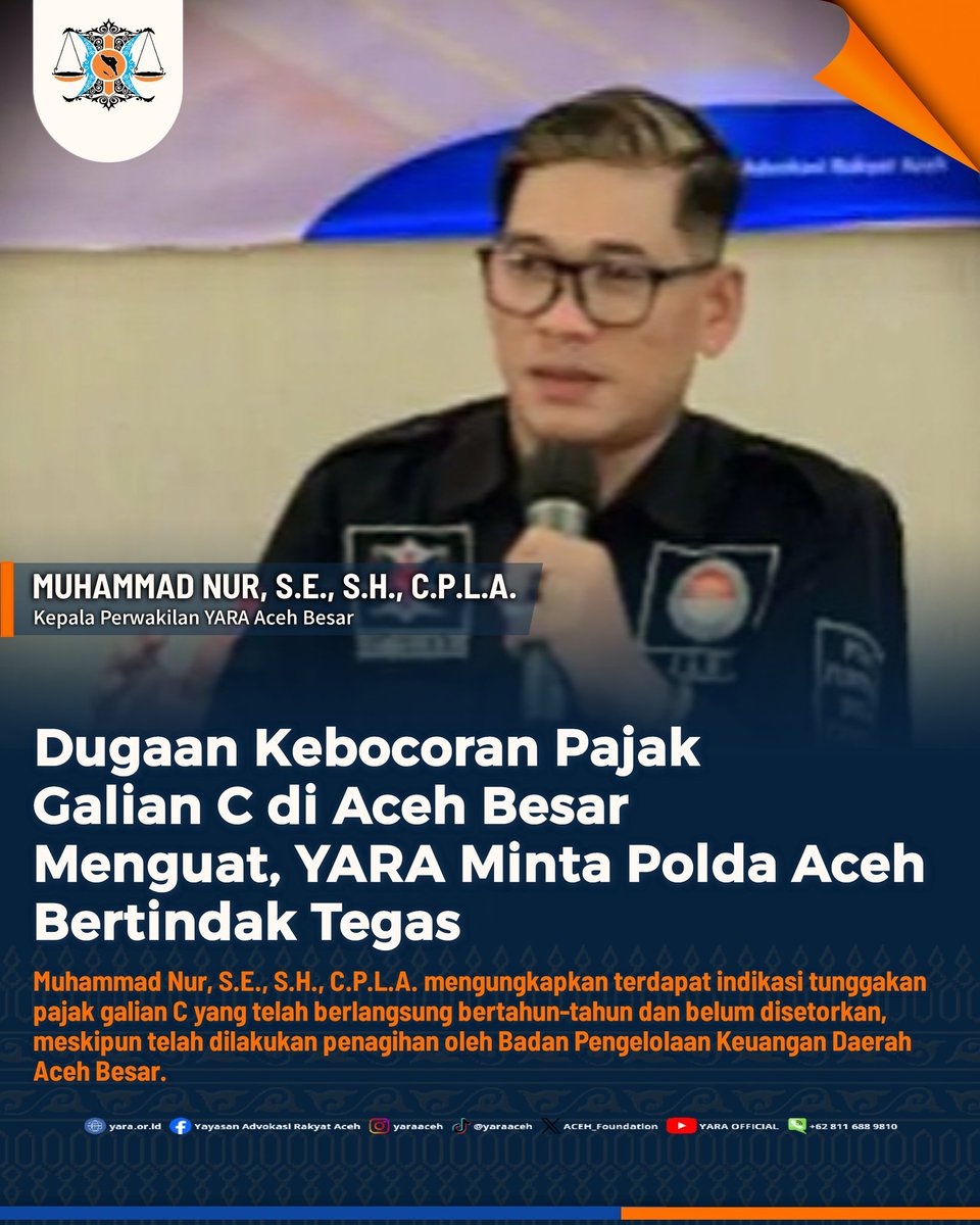📰 #PublicUpdate | YARA Perwakilan Aceh Besar mendesak Kepolisian RI Daerah (Polda) Aceh untuk segera mengusut dugaan kebocoran Pendapatan Asli Daerah (PAD) dari sektor pajak galian C yang diduga berlangsung sejak 2023 hingga 2025.

#YARA #AcehBesar #PAD #kebocoran #polisi