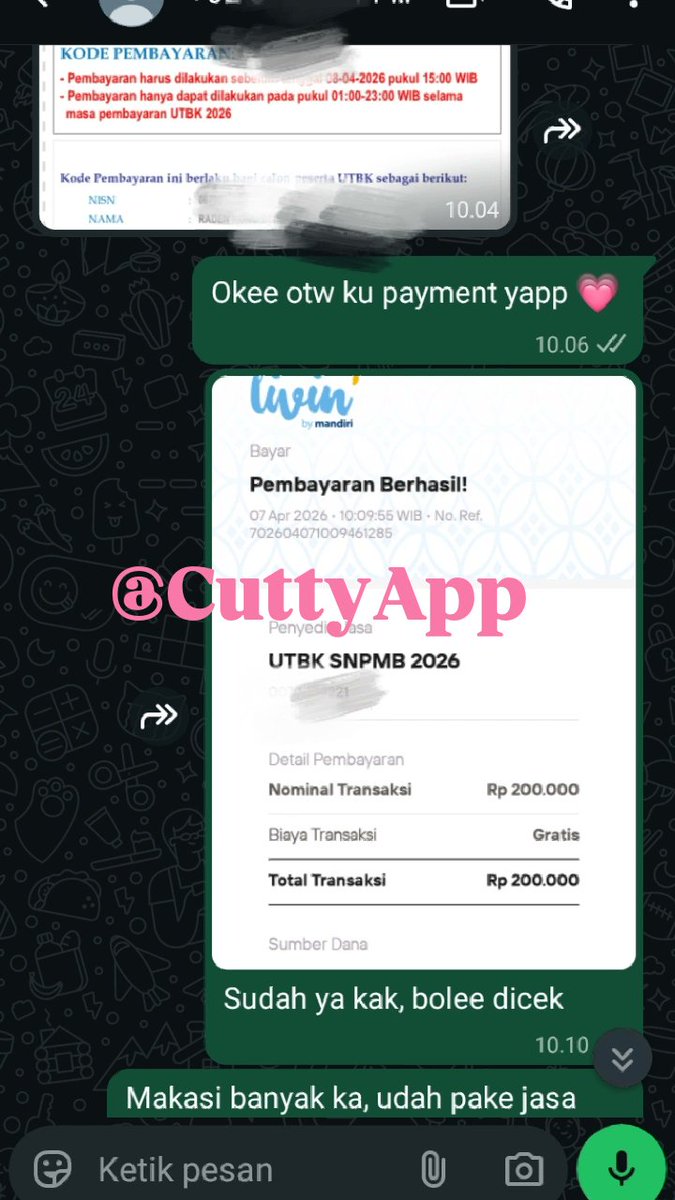 CuttyyApp's tweet photo. Testi Jastip jasa bayar UTBK SNBT SNPMB 2026 by CuttyApp💗💗
#3

Fast respon chat ke wa: https://t.co/lg8FiE8iqz 

utbk  snbt snbp ui uny unj unpad unesa upi ub ugm uny undip uns unair unhas usu unand trusted
#zonauang https://t.co/eAFST7K3Tq