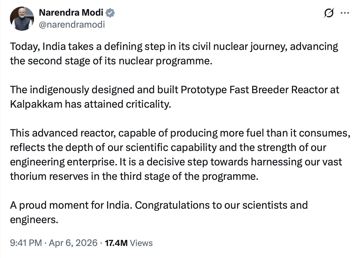 OpIndia_com's tweet photo. 🚨 Breaking: India's Prototype Fast Breeder Reactor at Kalpakkam has achieved criticality, PM Modi announces.

India enters stage-II of nuclear program.

The 500 MWe PFBR, developed by BHAVINI and IGCAR positions India as 2nd nation after Russia to operate a commercial-scale FBR.

The sodium-cooled PFBR 'breeds' more fissile material than it consumes by converting uranium-238 to plutonium, will help India reach stage -III.

PM congratulates scientists and engineers who made it possible.