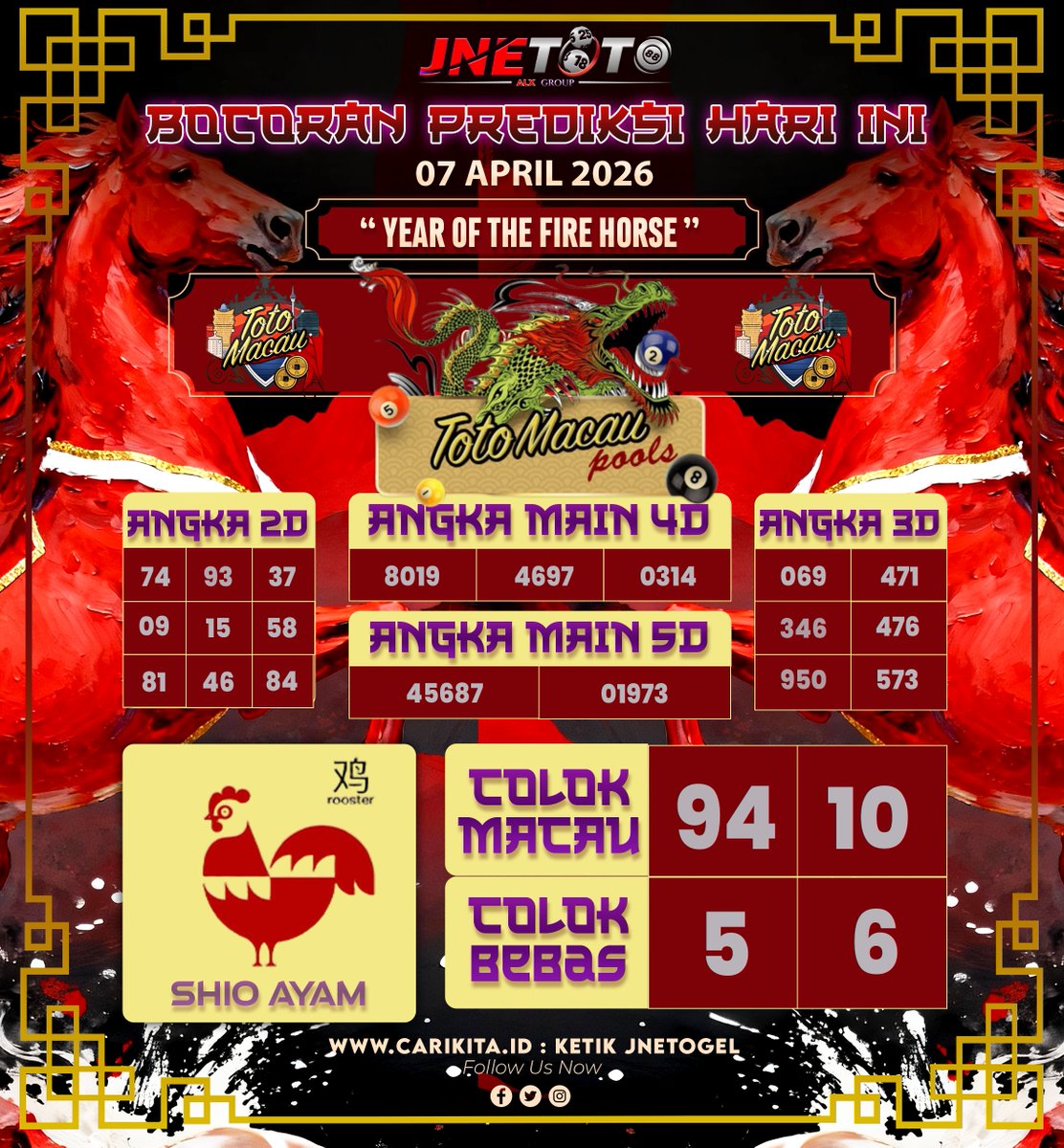JNETOTO_OFC's tweet photo. 🔥

🇲🇴 BOCORAN 07 APRIL 2026 🇲🇴
🔥 FIRE HORSE 🔥

📌 5D: 45687 – 01973
📌 4D: 8019 – 4697 – 0314
📌 3D: 069 – 471 – 346 – 476 – 950 – 573
📌 2D: 74 – 93 – 37 – 09 – 15 – 58 – 81 – 46 – 84

🐔 SHIO AYAM

#JNETOTO #PREDIKSIANGKA #JNETOTOSITUSTERPERCAYA #TotoMacau https://t.co/52A3lxc7dv