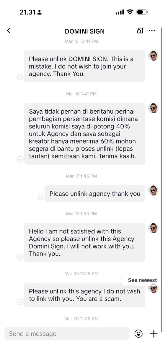 donnyjiang's tweet photo. @TikTokSupport an agency in BAD FAITH. They decline my unlink request every 6 days to bypass your "Automatic Release" policy. They never replied to any of my messages. My commission is CUT to 40%. I need a MANUAL UNLINK immediately. Agency: DOMINI SIGN. My tiktok: @donykovida https://t.co/57hnpkcyOz