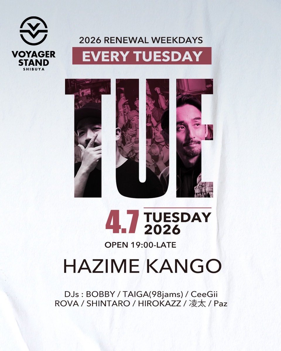 hirokazz1986's tweet photo. 🔥🔥今夜開催🔥🔥
2026.4/7(TUE) 
VOYAGER STAND SHIBUYA
OPEN 19:00
CLOSE 1:00

DOOR：¥2,200 (IN TAX)
＋飲み放題 / ALL YOU CAN DRINK 
→¥1,100 by DISCOUNT
#渋谷ボイジャー　#クラブ　#ディスカウント　#ゲスト https://t.co/pXgpuMQ4PY