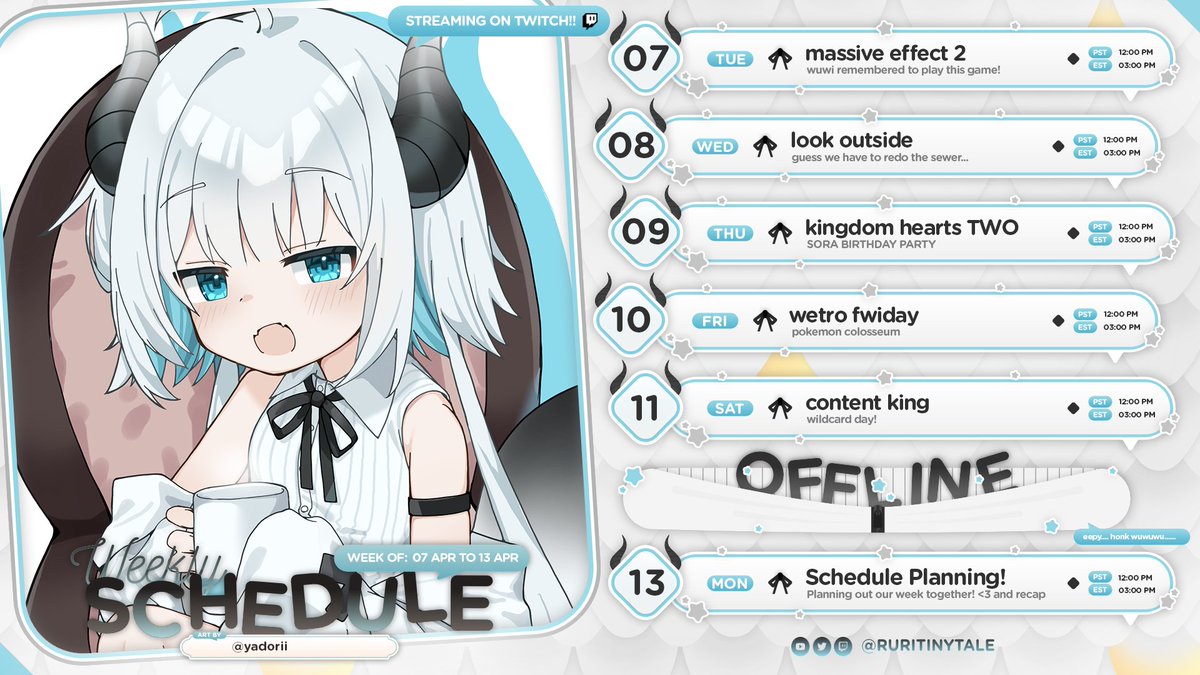 RuriTinytale's tweet photo. WEEK 81
🔳SCHEDULE 04/07〜04/13🔳
finally going to start kingdom hearts!!! (if i finish watching a lets play of it...)
🩶live: #RuriTinytale
🖤art: #RoodleDoodles
🩶memes: #wuwicoded
🖤clips: #tinyRuri https://t.co/j5vb2oCTPO