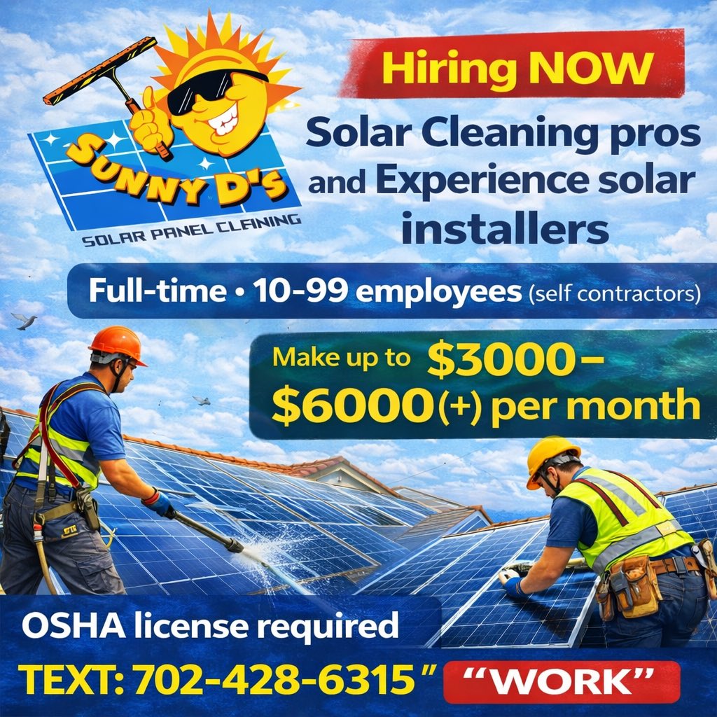 D1_SolarClean's tweet image. Hiring in Solar Cleaning pros and Solar Installers in #LasVegas #Henderson #Summerlin