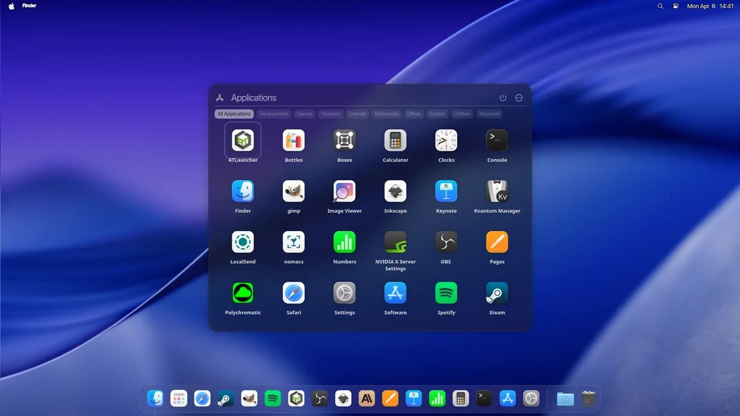 QingQ77's tweet image. macOS Linux rice

Tahoe Launcher — KDE Plasma 6 的 macOS 风格桌面启动器
→ 专为 KDE Plasma 6.0+ 原生设计的应用启动器组件
→ macOS Launchpad 风格视觉效果，兼顾美观与实用性
→ 通过 KDE Store 图形界面一键安装，无需编译或手动配置

github.com/EliverLara/Tah…