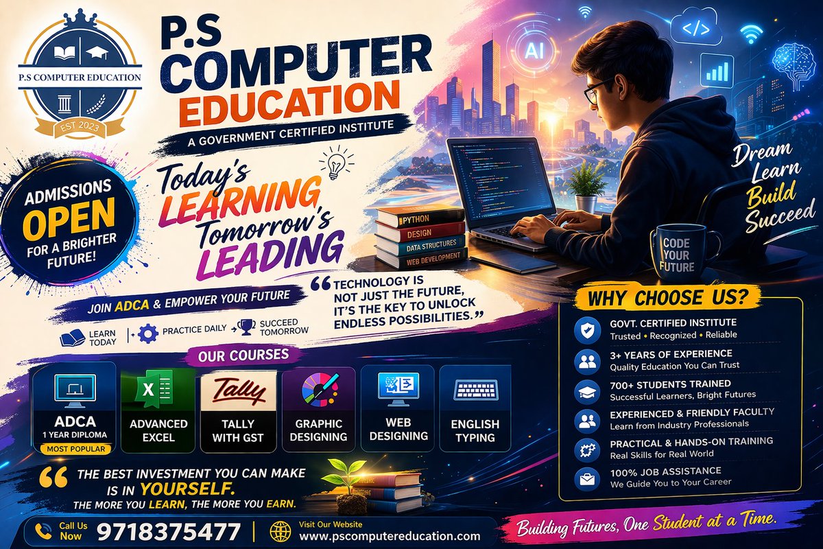 pscomputer2401's tweet photo. Every expert starts as a beginner.
At P.S. Computer Education, we guide students from basic computer knowledge to advanced skills with a clear step-by-step learning process.
Our courses include Computer Basics, ADCA, DCA, Advanced Excel, Tally with GST, Graphic Designing. https://t.co/WzapfBb5A9