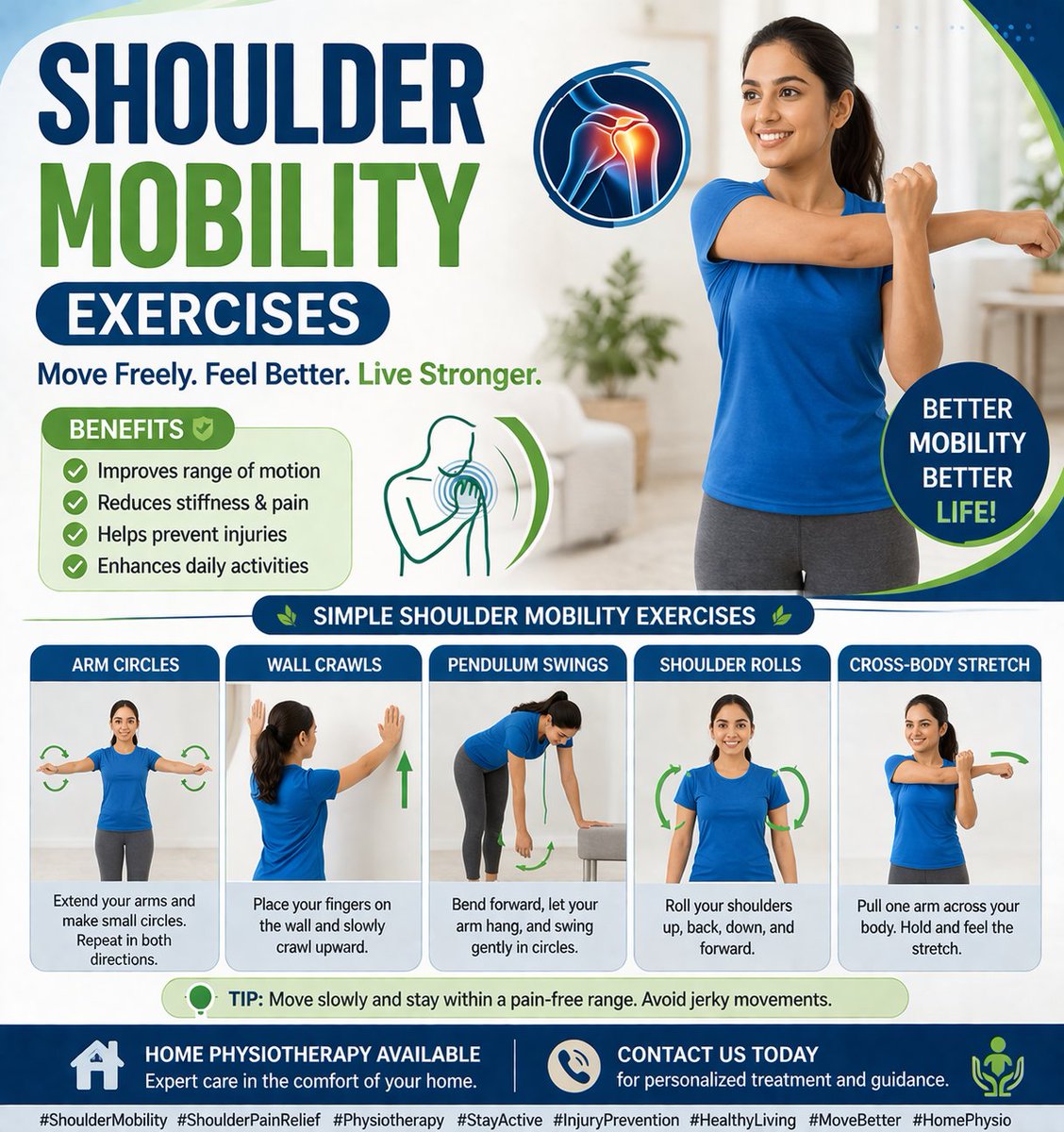 SangitaDhameli1's tweet image. 💪 Improve shoulder mobility &amp;amp; reduce pain with simple exercises!

Try:
Arm circles
Wall crawls
Pendulum swings
Shoulder rolls &amp;amp; Cross-body stretch 🔄

Stay consistent &amp;amp; move pain-free ✨

#ShoulderMobility #ShoulderPain #Physiotherapy #StayActive #InjuryPrevention