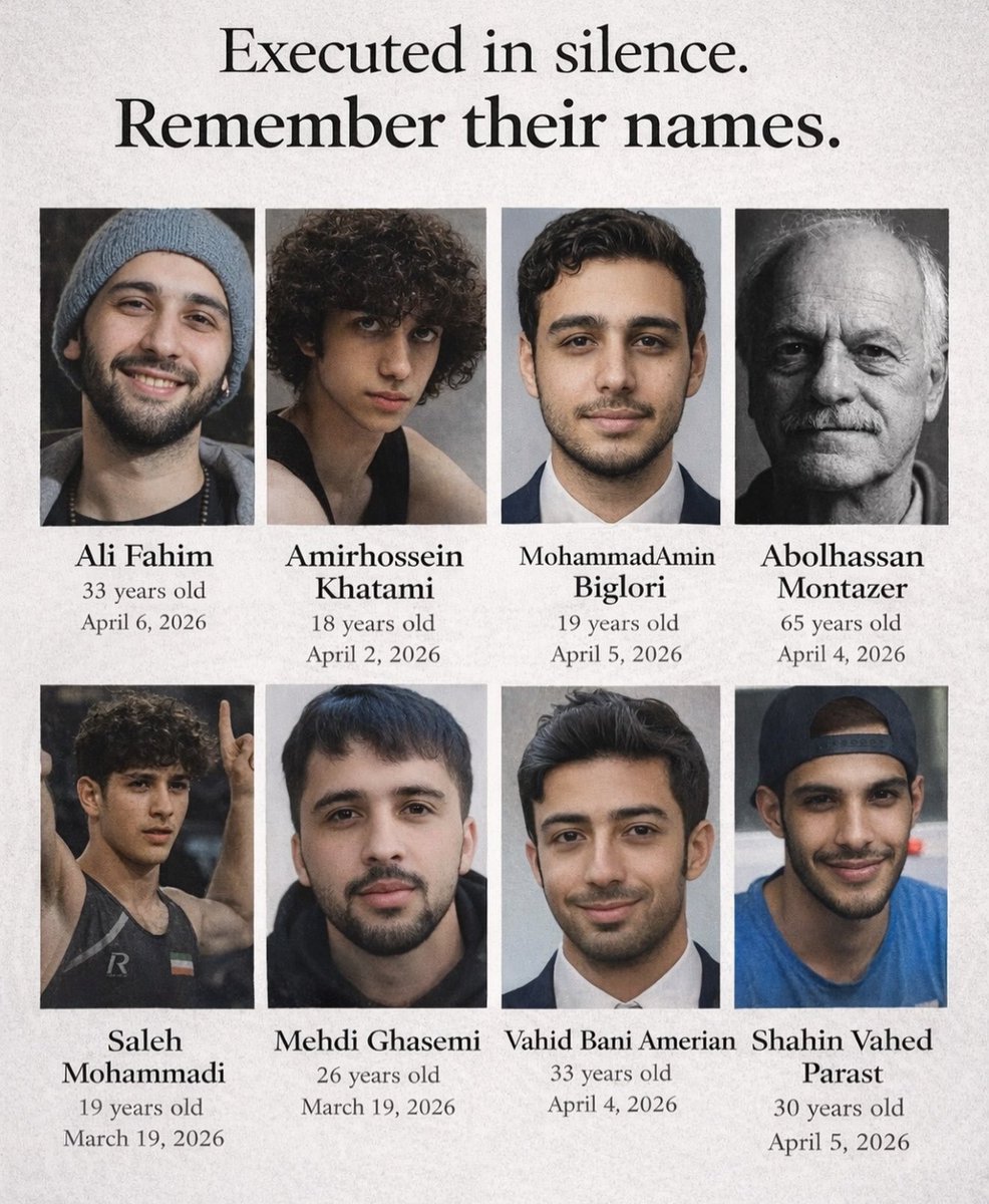 Goleghorbatt's tweet photo. These are just 8 names among hundreds executed in silence by the Islamic Republic even in wartime.
These deaths never pause; they happen quietly, out of sight.
To stop them, the system behind the executions must be confronted and ended.
#executioninIran
#DigitalBlackOutIran https://t.co/ckU2ikIhrm