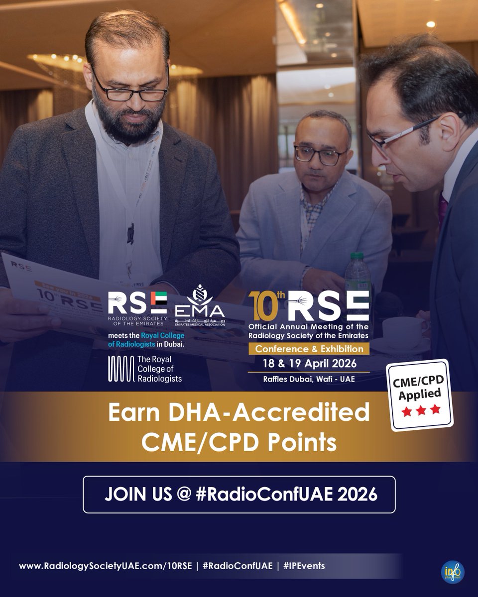 Earn DHA-Accredited CME/CPD Points | #RadioConfUAE 2026
Pre-Conference: 17 April 2026
Conference &amp; Exhibition: 18–19 April 2026
Raffles Dubai, Wafi – UAE
 Register now: bit.ly/Reg2RSE  | Agenda: bit.ly/RSE26Agnd
#RSE2026 #CME #CPD #DHA #Radiology