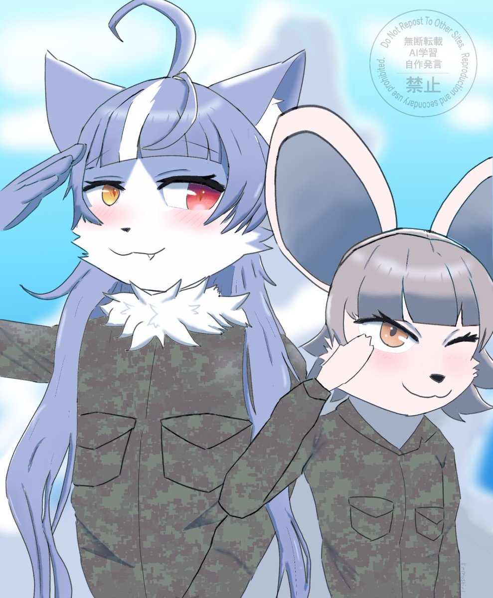 #おまねこ   #ハムチュンチュン
初めておまねこくんとハムチュンチュンを描きました
敬礼！