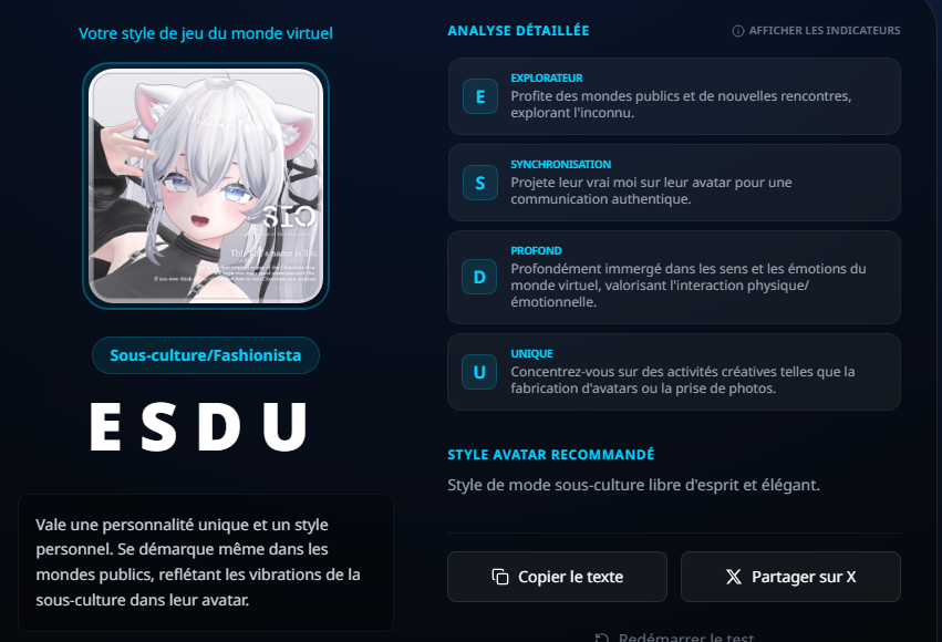 MevolieWhite's tweet photo. Je suis ESDU ! Possédant un avatar élégant et peu commun (sous culture fashionista)
En vrai je suis contente je trouve que ça me colle plutot bien. (C'est un mbti mais de VRChat pour les gens qui comprenne pas XD)
https://t.co/Yk4w2h7vmQ

#VRCTI #VRChat #VR #vtuberfr #vtuberVR https://t.co/szAfbw1IoM