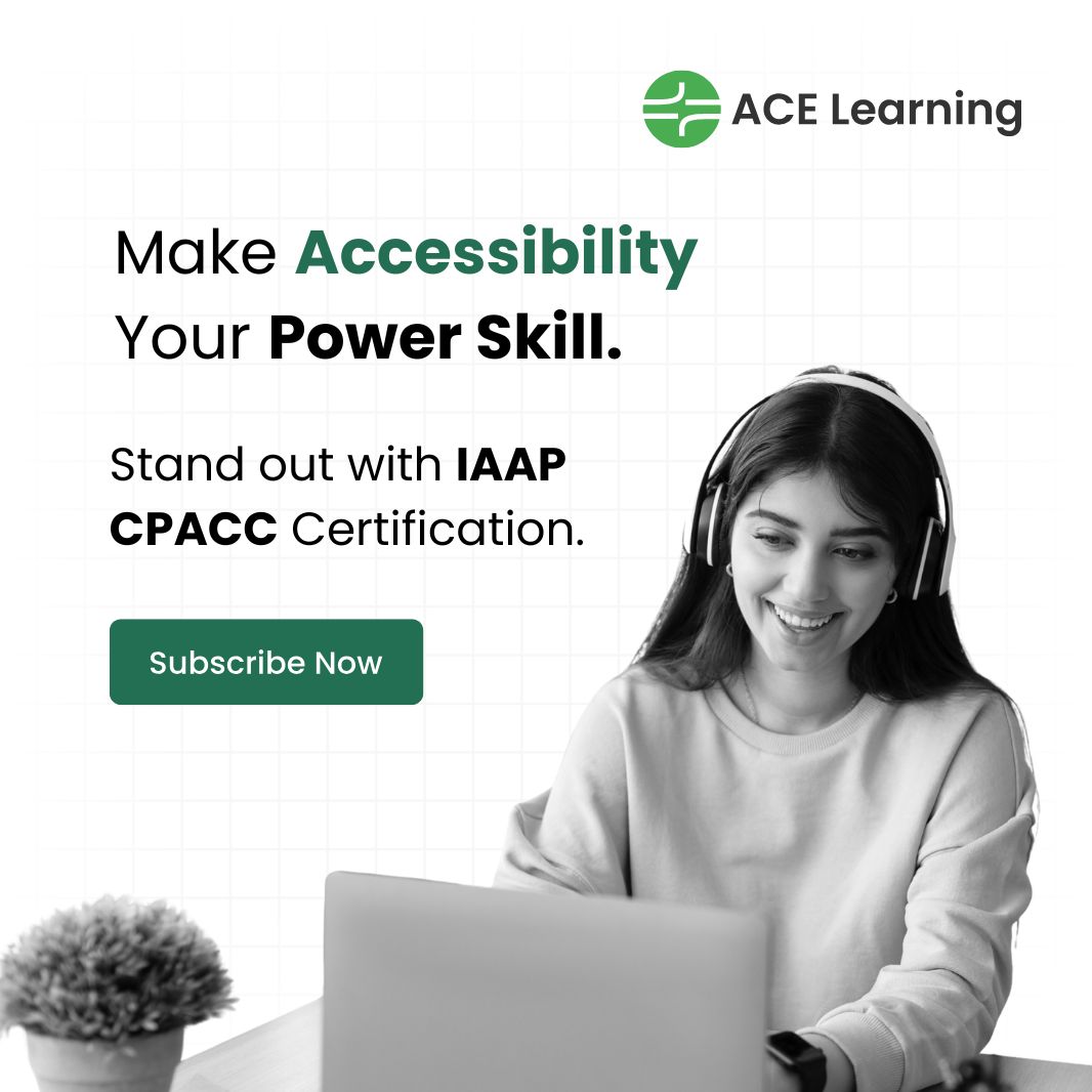 Barrierbreak's tweet image. Stand out, get noticed, and make accessibility your superpower.

Get CPACC-certified with ACE Learning and turn your expertise into recognized leadership.

Enroll now: lnkd.in/dSfktxkc

#ACELearning #IAAP #CPACC #AccessibilityCourse #AccessibilityCertification #a11y