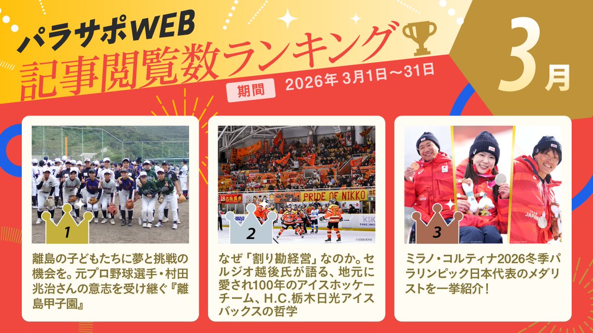 🌸３月パラサポWEBランキング🌸

🥇元プロ野球選手・村田兆治さんの意志を受け継ぐ『離島甲子園』
https://t.co/vqLHnQiO2u
🥈なぜ「割り勘経営」なのか。H.C.栃木日光アイスバックスの哲学
https://t.co/VBT76y2JtL
🥉ミラノ・コルティナ日本代表のメダリスト