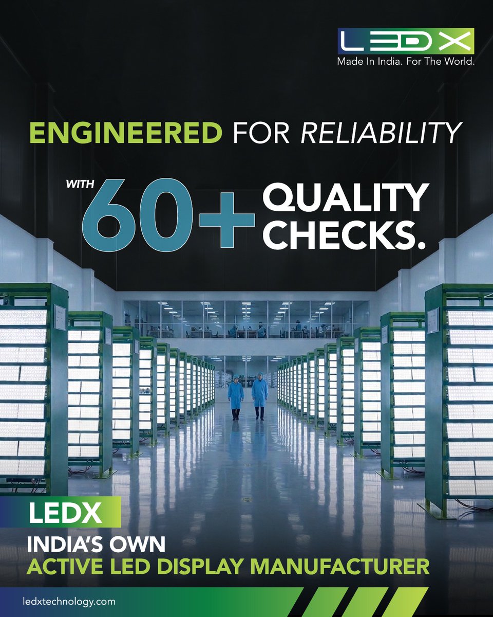 ledxtechnology's tweet image. 60+ quality checks. 72-hour burn-in. Built to last 10 years.
This is what real reliability looks like.
LEDX — Made in India. For the World.

#LEDX #LEDDisplay #QualityTested