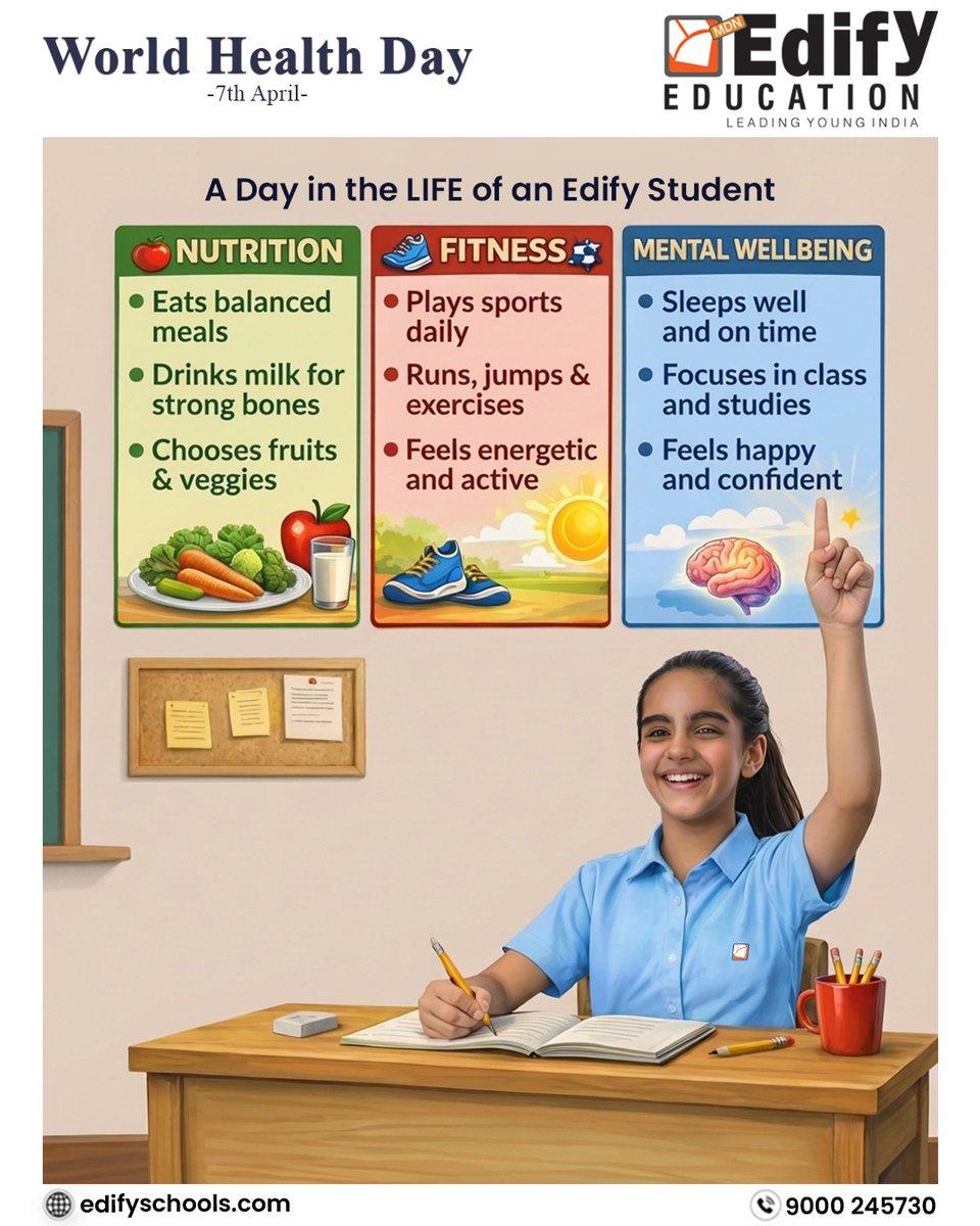 edify_schools's tweet photo. Healthy habits build a stronger future - eat right, stay active and think positive.
This World Health Day, let’s empower students to live balanced and happy lives.

#WorldHealthDay #HealthyStudents #EdifyEducation #NutritionMatters #HealthyLifestyle #Education #SchoolLifeBalance https://t.co/22rS60V8a5