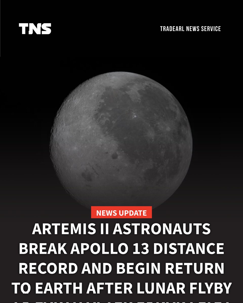 TradearlNewsSvc's tweet image. The Artemis II astronauts have completed their journey around the moon's far side, surpassing the previous record of 400,171 km set by Apollo 13 in April 1970.