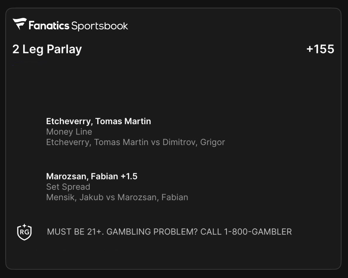 🎸 KISS = Keep It Simple, Stupid 🙂‍↕️

🎾 ATP Monte Carlo 🇲🇨

📊 1u Etcheverry ML / Marozsan +1.5 Sets
🚀 (+155)

💭 Etcheverry won his last 23 straight matches vs players ranked outside the Top 50. I know Dimitrov better than his ranking suggests but stats are stats. And he is