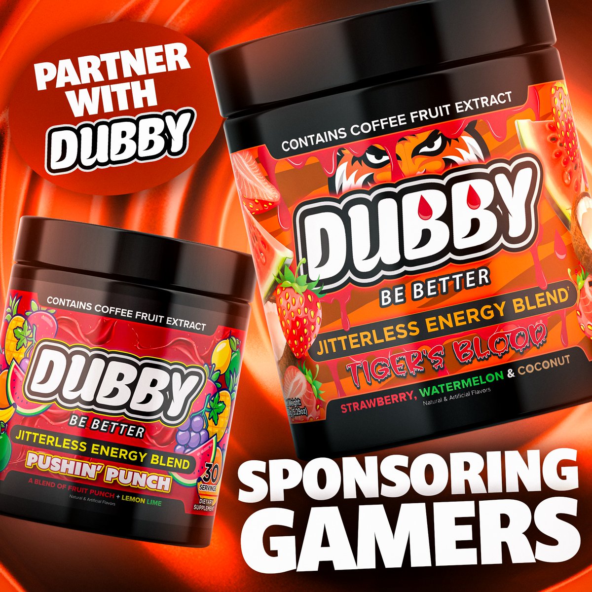 DubbyEnergy's tweet photo. Calling all gamers, content creators, and live-streamers! 

We're looking for more partners and sponsors to add to our family.

Get your own code, commissions, free 30 servings,