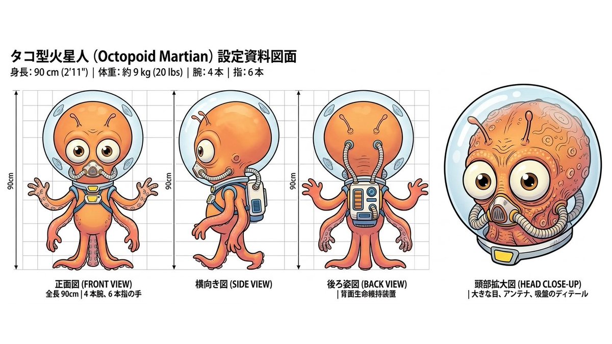 ◇火星人の姿 原作の火星人は「身長は90センチ、体重は約9キロ。腕は4