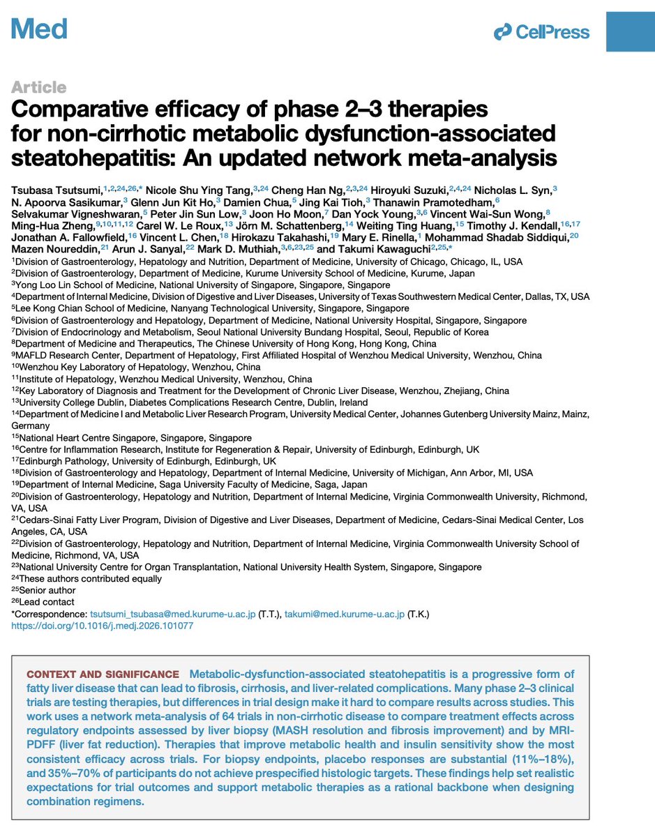 ChengHanNg's tweet image. #LiverTwitter Just published our MASH analysis and the uncomfortable takeaway is even the best therapies still leave 35 to 70 percent of patients without meaningful response which says more about the complexity of the biology than the drugs themselves 

sciencedirect.com/science/authSh…