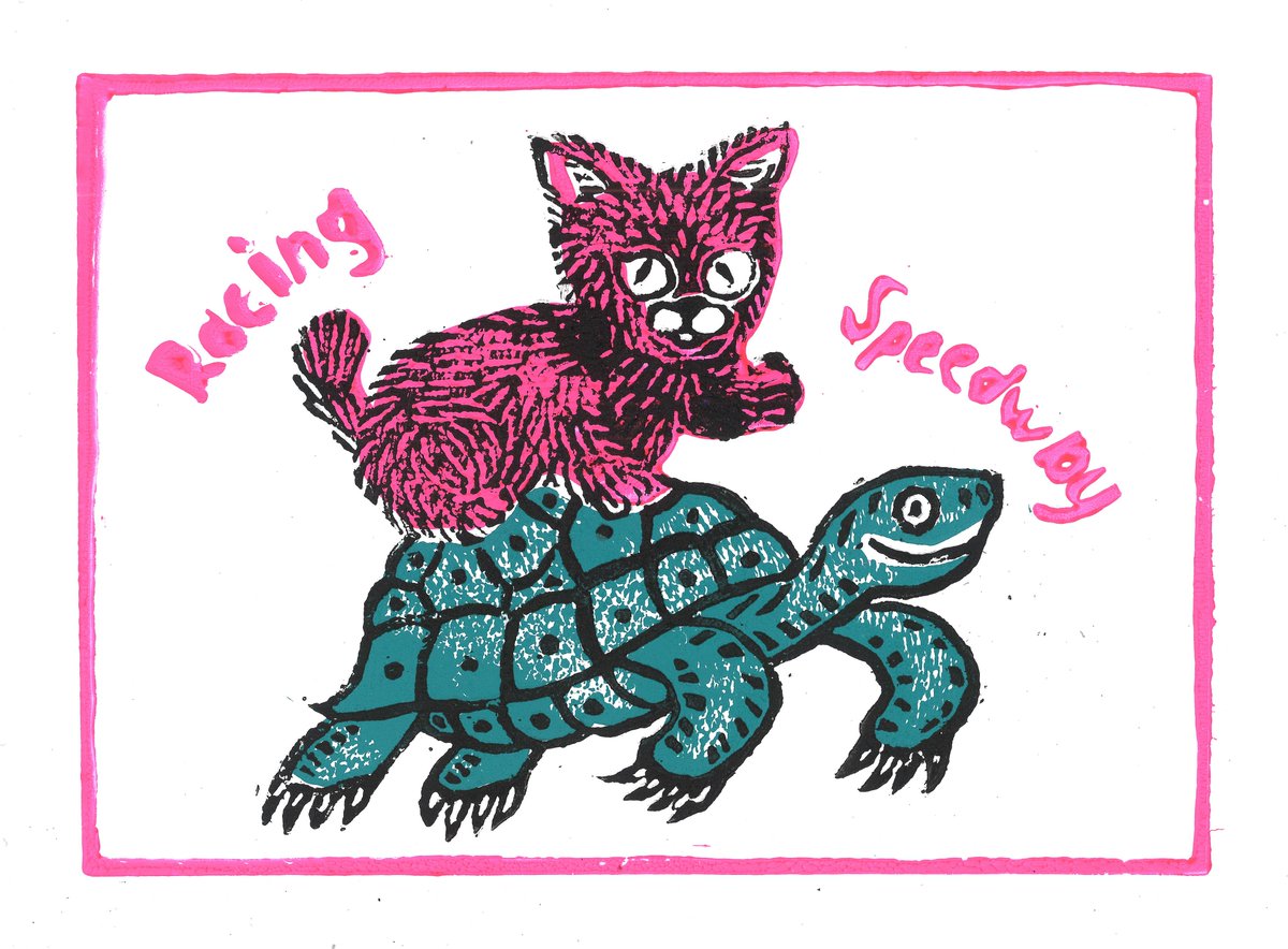 jenshunger's tweet photo. "Racing", Linoprint/ linocut, 15 x 21 cm #art #graphics #print #linocut #linoprint #cat #tortoise #race #racing #highway #speedway #collector #artcollector https://t.co/CBFaR02ygY