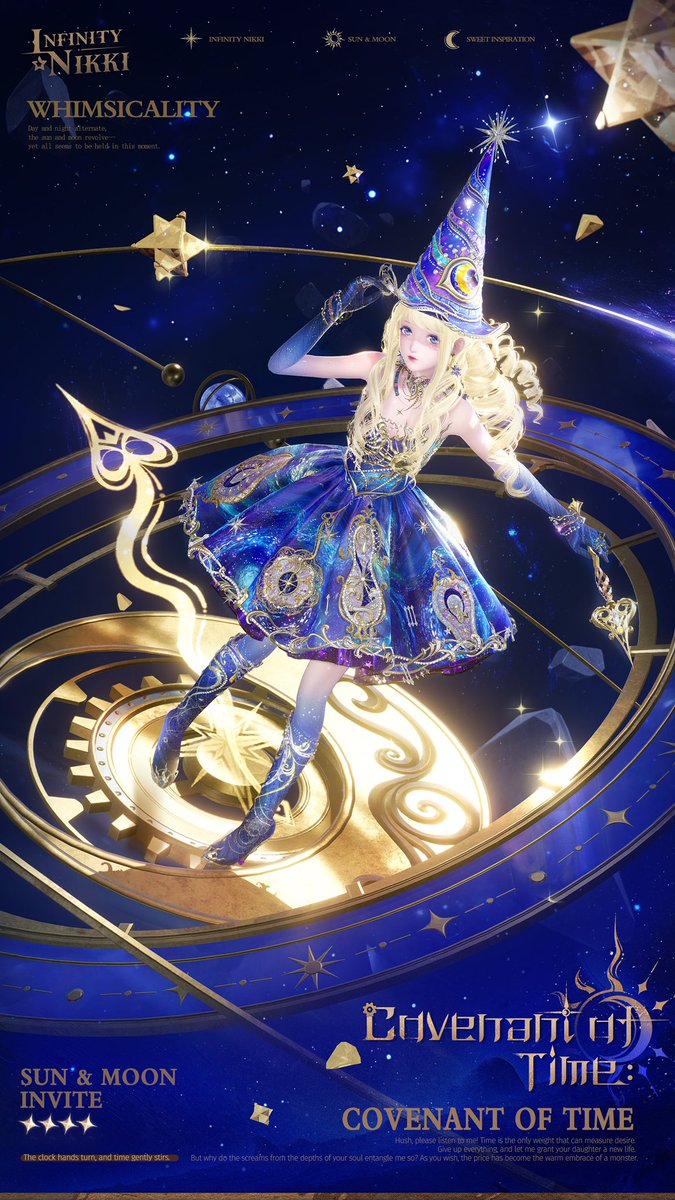 InfoNikkiBR's tweet photo. GENTE O QUE É ISSO AQUI SKEHNRKEISJDKENE
Novo look 4 estrelas "Covenant of Time" que chegará na segunda metade da versão 2.4 de Infinity Nikki e seu recolor "Covenant of Time: Fable" + recolor por cintilação "Covenant of Time: Heart Tide".

Atributo: Adorável 

Habilidade do traje: Encantasia
Após usar a habilidade, Nikki move os ponteiros do tempo para criar um relógio eterno que marca a passagem dos dias e das noites, permitindo que ela entre no estado Relógio do Sol ou Relógio da Lua. No estado Relógio do Sol, Nikki invoca o sol alto, reunindo luz radiante em meio às areias douradas. No estado Relógio da Lua, Nikki invoca a lua crescente, caindo em um sono profundo entre as estrelas.