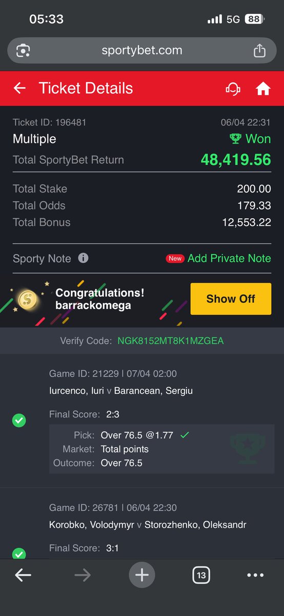 barrackomega's tweet photo. @VecthorTips Thanks. More Grace to win 🙏 https://t.co/QcJfmUWN1A