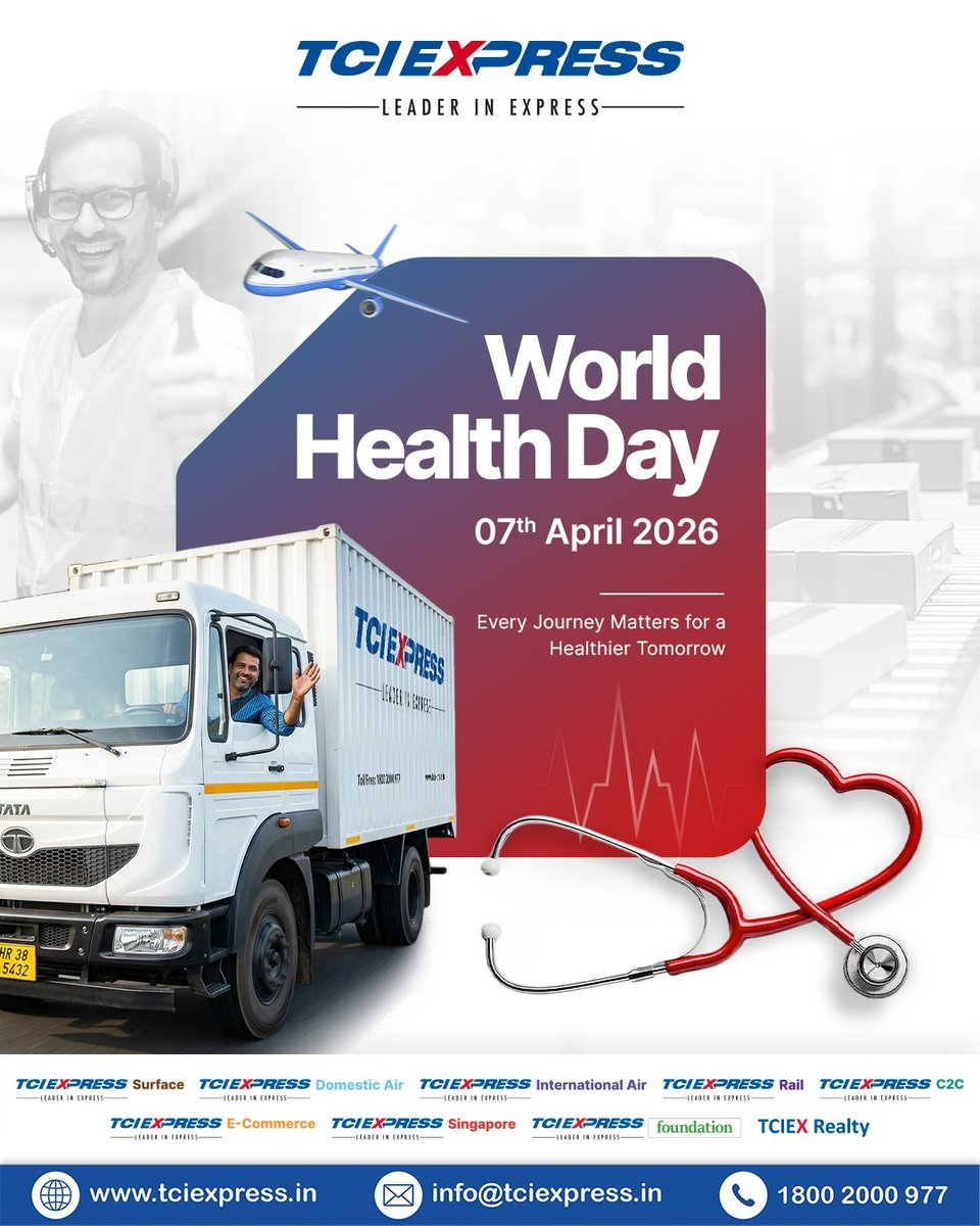TCIExpressLtd's tweet image. A healthy workforce and community are essential for sustained progress. On World Health Day, TCI Express recognises the importance of well-being in building a more resilient and productive ecosystem. 

#TCIExpress #ExpressDelivery #WorldHealthDay #LeaderInExpress #SmartLogistics