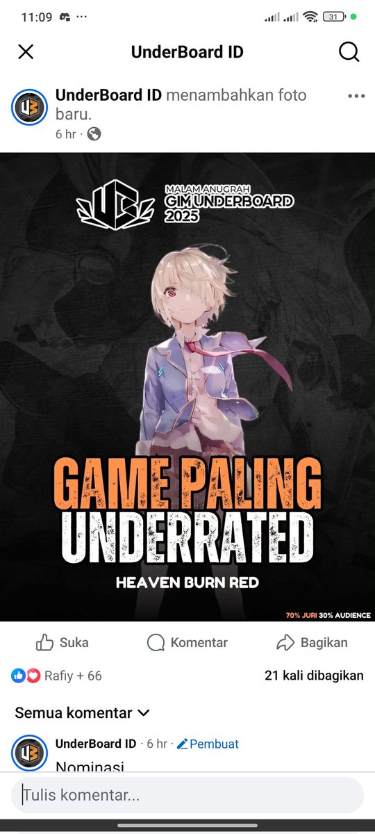 So this is what we do recently⬇️
Heaven Burns Red got nominated in a local game awards under "Best Underrated Game" category.. 
So HBRI agreed collectively to vote for HBR. (30% vote, 70% judge's voices) 
And eventually HBR won the awards 🔥🔥🔥