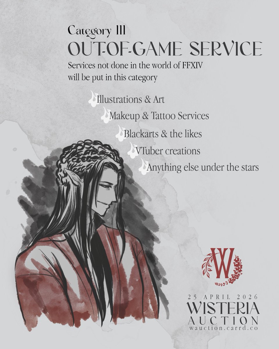 Wisteria_FFXIV's tweet photo. Category III opens the auction space for those who wish to sell services outside of the game. This includes art, Illustrations, modding services and the likes. Come sell with us! 

https://t.co/oTqNelGWsY https://t.co/WE0ldj6Qsj