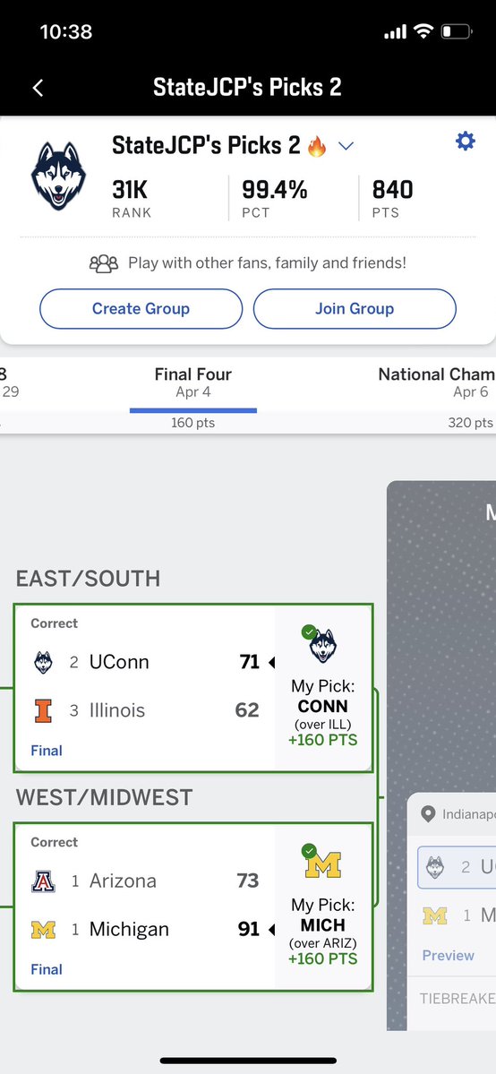 johncpacker's tweet image. Only 2 times have I predicted a perfect #FinalFour. In 2015 and in 2026. I picked UConn to win it all this year &amp;amp; they almost did. Being ranked 14k out of millions who did a bracket and having a 99% is not too shabby. #MarchMadness #brackets #collegebasketball #OneShiningMoment