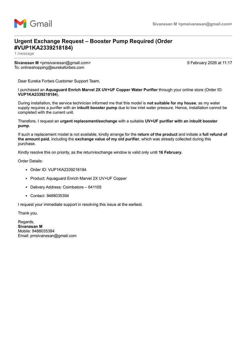 pmsivanesan's tweet photo. @EurekaForbes @EurekaForbesCare @jagograhakjago @consaff @Eureka_ForbesIN 

2 months. Product returned. Still no refund.

Order ID: VUP1KA2339218184
Complaint No: CM-100226-66558777 
Product: Aquaguard Enrich Marvel 

Returned on 26 Mar 26 
₹8,649.10 pending

Full timeline👇 https://t.co/TGUBsiXv77