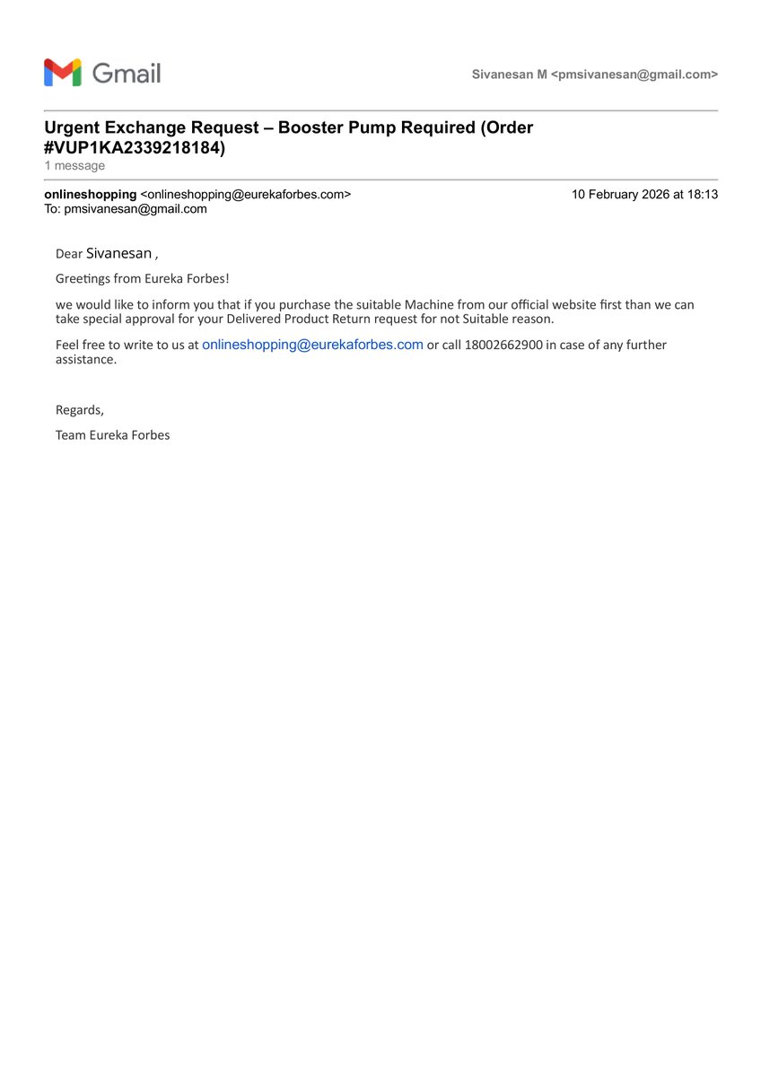 pmsivanesan's tweet photo. @EurekaForbes @EurekaForbesCare @jagograhakjago @consaff @Eureka_ForbesIN 

2 months. Product returned. Still no refund.

Order ID: VUP1KA2339218184
Complaint No: CM-100226-66558777 
Product: Aquaguard Enrich Marvel 

Returned on 26 Mar 26 
₹8,649.10 pending

Full timeline👇 https://t.co/TGUBsiXv77
