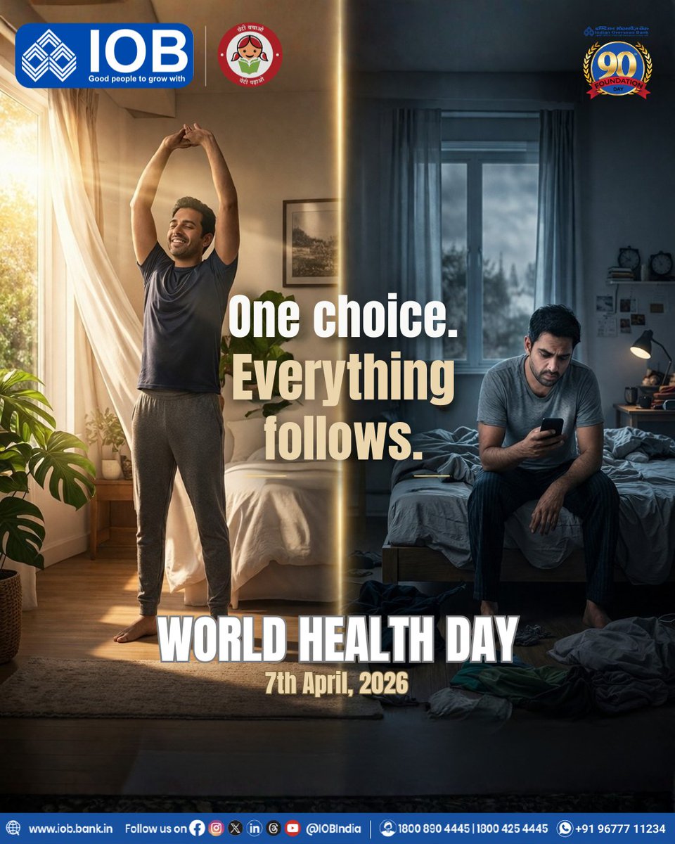IOBIndia's tweet image. Two lives. One choice.​
Your health decides the difference.​

#WorldHealthDay #HealthyLiving #Wellbeing #ChooseHealth #LifeMatters #IOB #DFS #RBI #IOBForYou #IndianOverseasBank #GoodPeopleToGrowWith