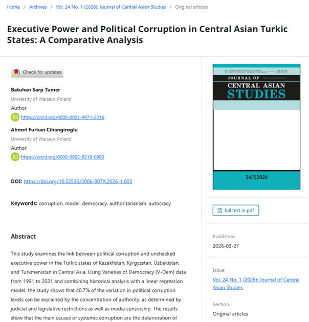 jcas_journal's tweet photo. This study by Tumer &amp; Cihangiroglu analyzes the link between political corruption and unchecked executive power in Kazakhstan, Kyrgyzstan, Uzbekistan, and Turkmenistan, using V-Dem data (1991-2021) and highlighting key causes and solutions.
🔗Full article: https://t.co/aJg57nogMR https://t.co/Y6yVKKyqtu