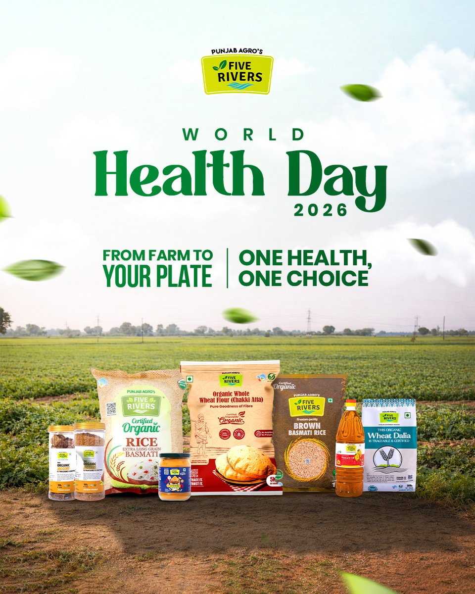FiveRiversPB's tweet photo. Choose health. Choose right. This World Health Day 2026, embrace the One Health approach, where what we eat connects to our wellbeing. With Five Rivers’ #certifiedorganic food products, you bring home purity, nutrition, and care from the farm to your table.
#WorldHealthDay2026 https://t.co/nWEursxR4S