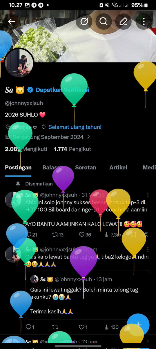 Spesial hari ini aku ultah jadi mau bikin GA kecil2lan xixixi, saldo receh spay only buat mutualku 😚😚

Rules: 
- Follow akunku (nanti aku fb)
- Rt dan like
- rep bantu aamiin kan semoga doa yg aku panjatkan setiap malam di kabulkan Allah 😇

End : kalo yg ikut 50+ ya