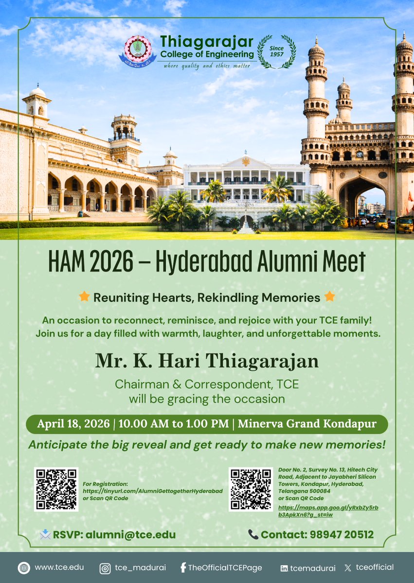 tceofficialpage's tweet photo. โค๏ธ HAM 2026 โ Hyderabad Alumni Meet | TCE
Reconnect, relive & celebrate memories with your TCE family!
๐
Apr 18, 2026 | โฐ 10 AMโ1 PM
๐ Minerva Grand, Kondapur, Hyderabad
โจ With Mr. K. Hari Thiagarajan
๐ https://t.co/st0xc679yf
#TCE #TCEAlumni #HAM2026 #AlumniMeet #Reconnect https://t.co/wQmLuOf659