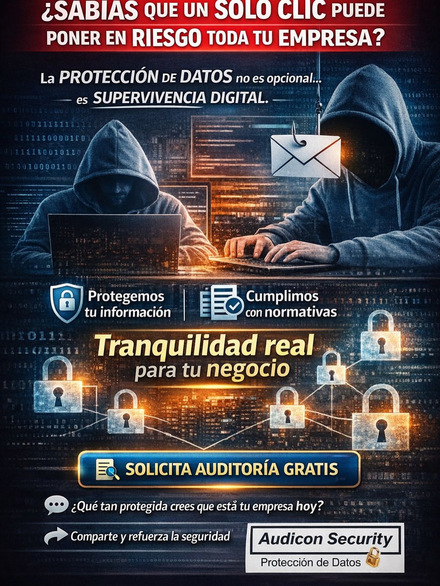 AudiconSecurity's tweet photo. 🚨 ¿Sabías que un solo clic puede poner en riesgo toda tu empresa?

Hoy, la protección de datos no es opcional… es supervivencia digital.

🔐 Cada correo sospechoso, cada contraseña débil y cada sistema desactualizado es una puerta abierta para los ciberataques.
#audiconsecurity https://t.co/f4Jd6tiJ7x