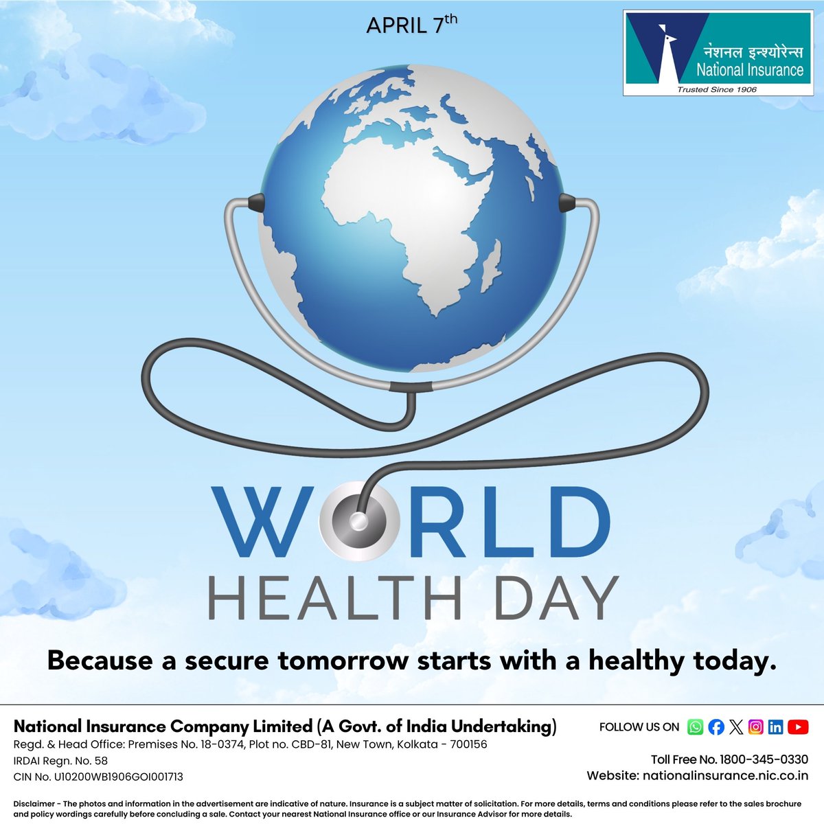 NICLofficial's tweet photo. Good health is the foundation of a happy life—and a proactive mindset protects it best. Our health insurance ensures that medical costs never come in the way of your well-being.

On World Health Day, we reaffirm our commitment to accessible and reliable healthcare for all. At National Insurance Company Limited, we offer a wide range of health plans for every age and need—from individual health plans to senior citizen plans, so you and your loved ones stay protected.

Invest in your health today for a secure tomorrow.

For more details, visit: https://t.co/MsBWrhsRCs

#WorldHealthDay #HealthIsWealth #NationalInsurance