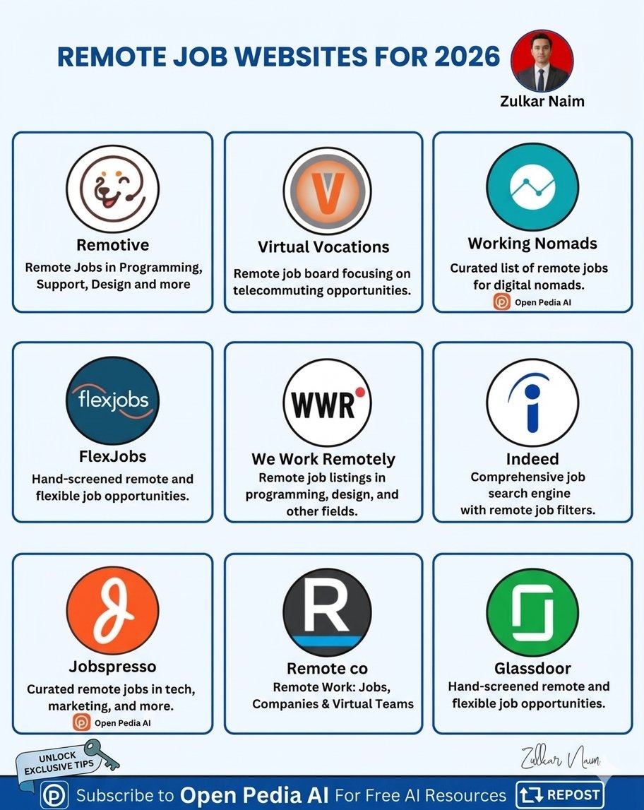 MRB_AI24's tweet photo. LIST OF 40 WEBSITES TO FIND REMOTE JOBS

1. Linkedin. com
2. Indeed. com
3. Glassdoor. com
4. FlexJobs. com
5. weworkremotely. com
6. Remote. com
7. Upwork. com
8. Freelancer. com
9. Fiverr. com
10. Guru. com
11. Toptal. com
12. AngelList. com
13. Hubstafftalent. com
14. Simplyhired. com
15. Remotive. com
16. Virtualvocations. com
17. workingnomads. com
18. Hired. com
19. cloudpeeps. com
20. taskrabbit. com
21. talent. com
22. Remote OK - remoteok. io
23. DRemote - dremote. io
24. Jooble - jooble. org
25. stackoverflow. com/jobs
26. jobspresso. com
27. onlinejobs. ph
28. simplyhired. com
29. themuse. com
30. skipthedrive. com
31. zirtual. com
32. justremote. com
33. hireable. com
34. remoteworkhub. com
35. jobbatical. com
36. freelancewritinggigs. com
37. contentwritingjobs. com
38. problogger. com/jobs
39. behance. net
40. designhill. com

Follow me @E_MindsetHQ for more information.